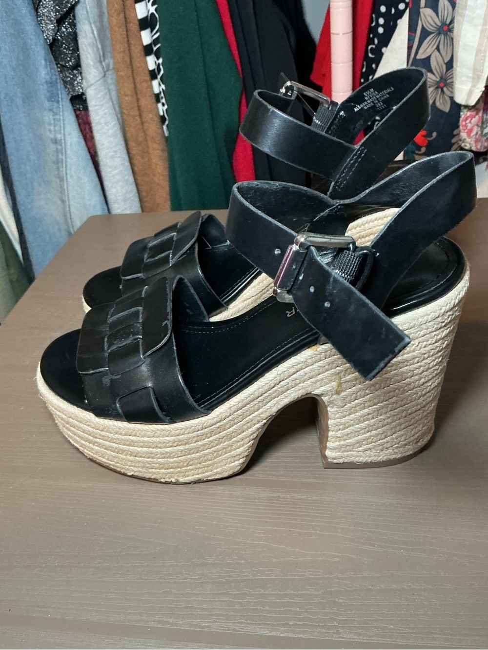 Black Leather Platform Espadrille Sandals - Picture 6 of 9